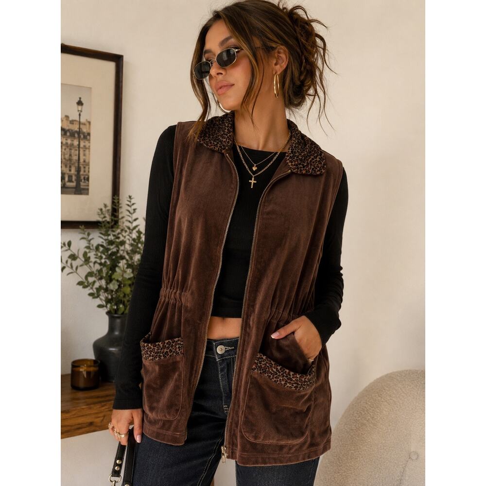 Vintage Moving Blue Brown Velour Leopard Trim Zip Vest Size L Y2K